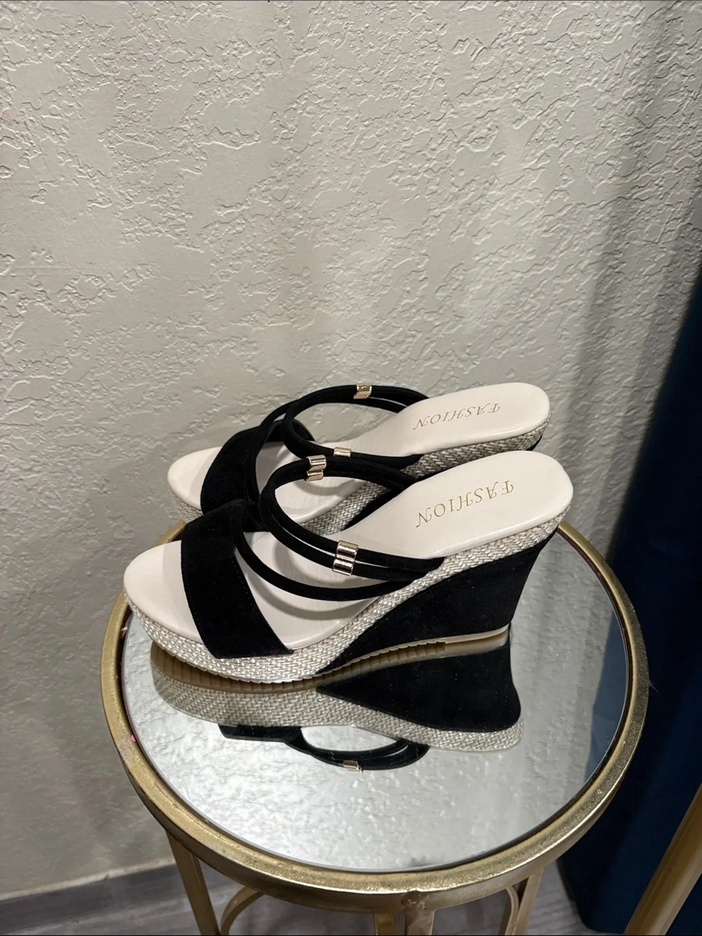 Black Wedge Sandals with Double Strap
